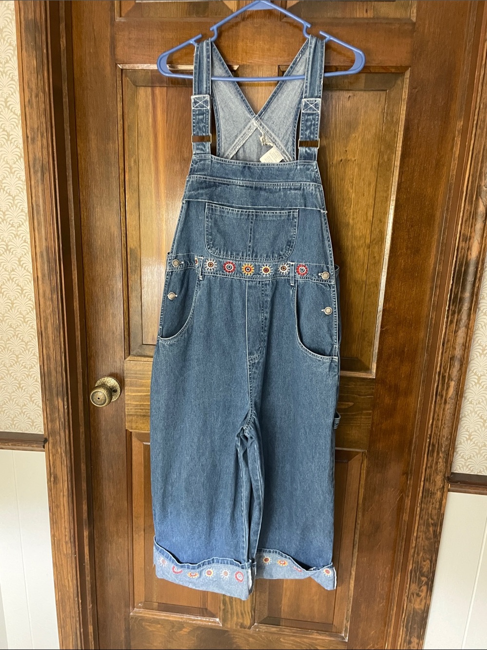 Rachel’s Kids denim overalls, embroidered designs on front, wide cuff, YXL, NWOT